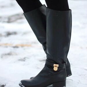Michael Kors Hamilton Riding Boots Black Leather Gold Lock Charm size 7